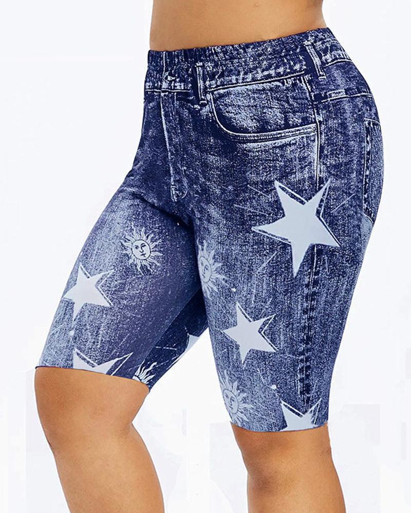 

Star Print High Waist Sports Leggings Yoga Shorts, Lighted blue