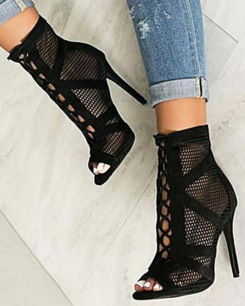 

Fish Mouth Lae-up Pointed Heeled Boots, Black