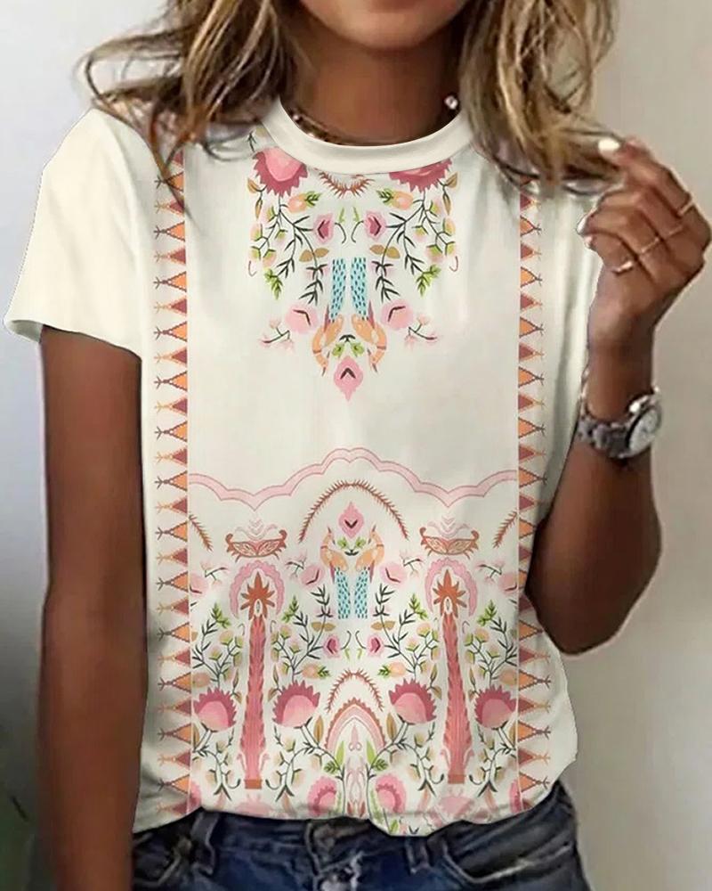 

O-Neck Floral Graphic Print T-shirt, White