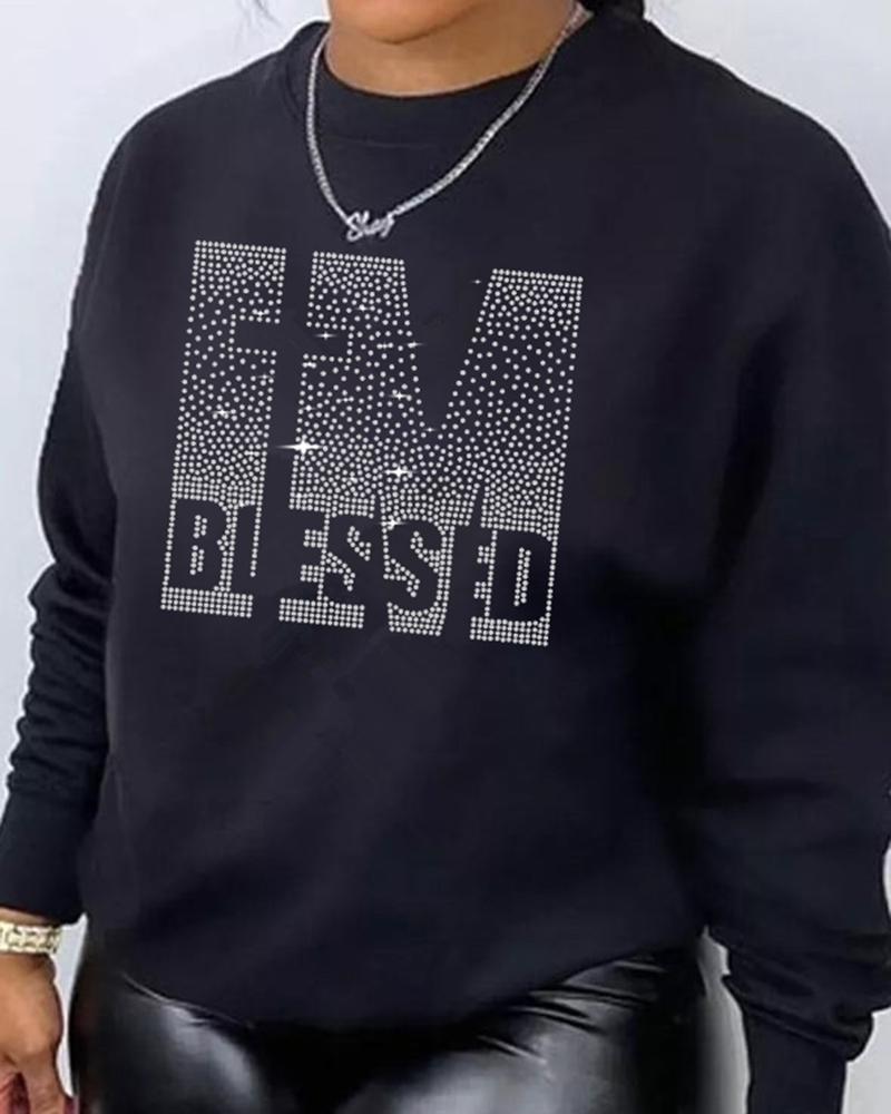 

Plus Size Rhinestone Letter Pattern Long Sleeve Sweatshirt, Black