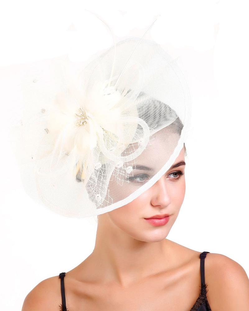 

Feather Fascinator Hat Sheer Mesh Hair Clip Hairpin Hats Bridal Wedding Cocktail Tea Party Headwear, Beige