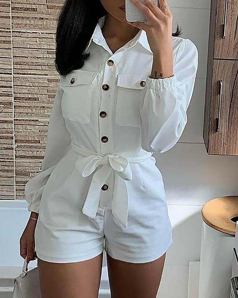 

Buttoned Pocket Design Long Sleeve Romper, White