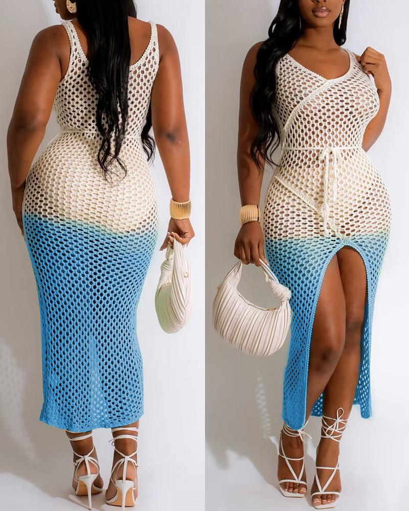 

Ombre Hollow Out Slit Crochet Cover Up Dress, Blue