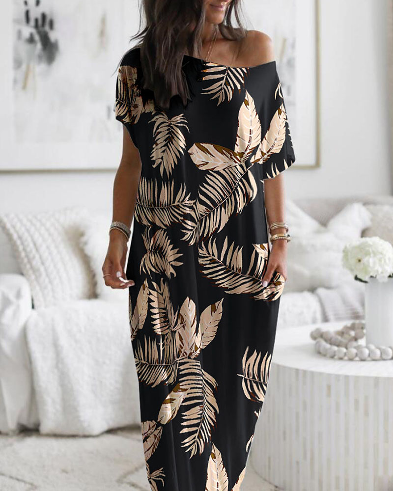 

Leaf Print Pocket Design Casual Dress, Black