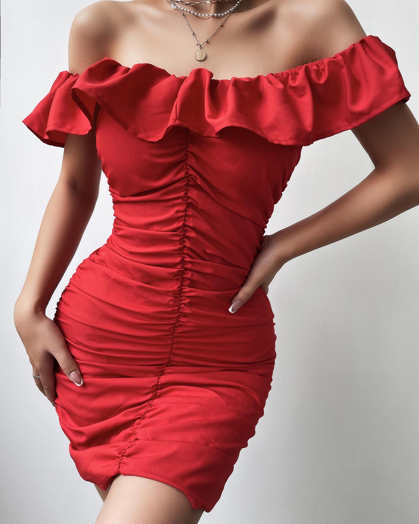 

Off Shoulder Ruffles Ruched Bodycon Dress, Red