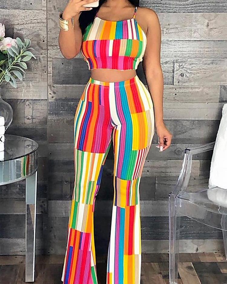 

Blockcolor Striped Strappy Top /w Pants Set, Multicolor