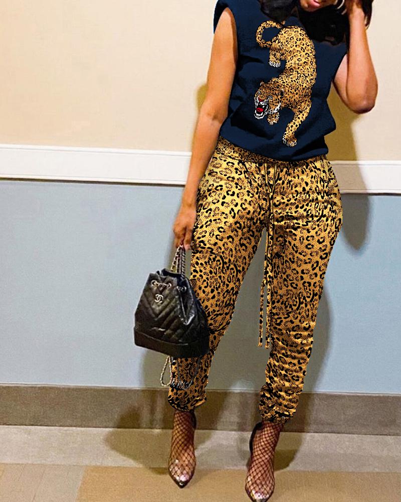 

Leopard Print Shoulder Pads Hooded Top & Drawstring Pants Set, Yellow