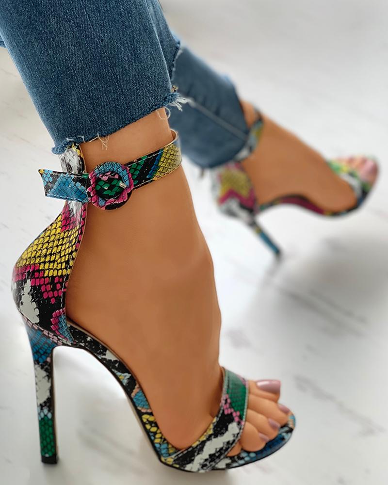

Snakeskin Ankle Strap Open Toe Stiletto Heel, Multicolor