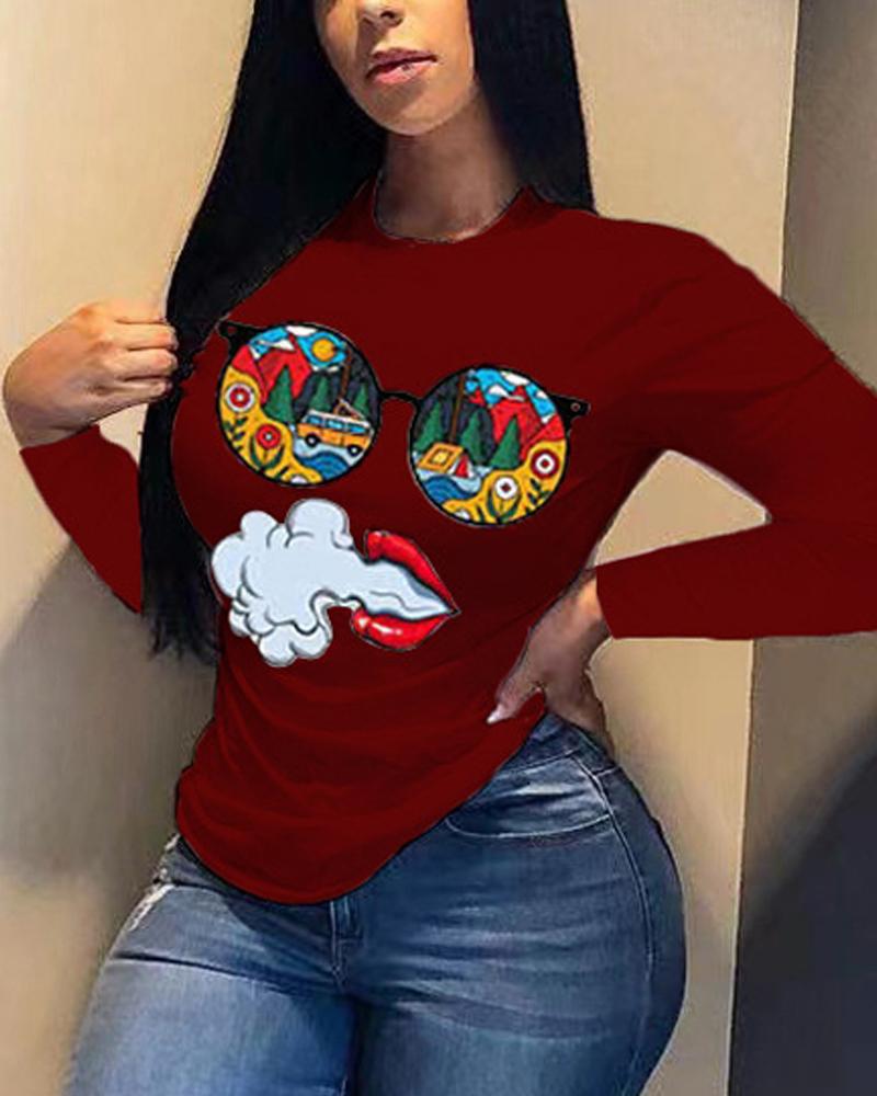 

Plus Size Graphic Figure Print Long Sleeve Top, Wine red