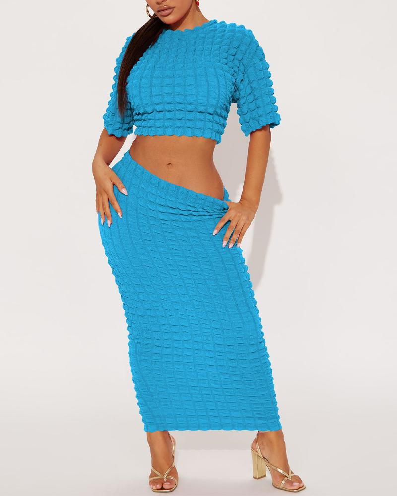 

Bubble Textured Crop Top & Skirt Set, Blue