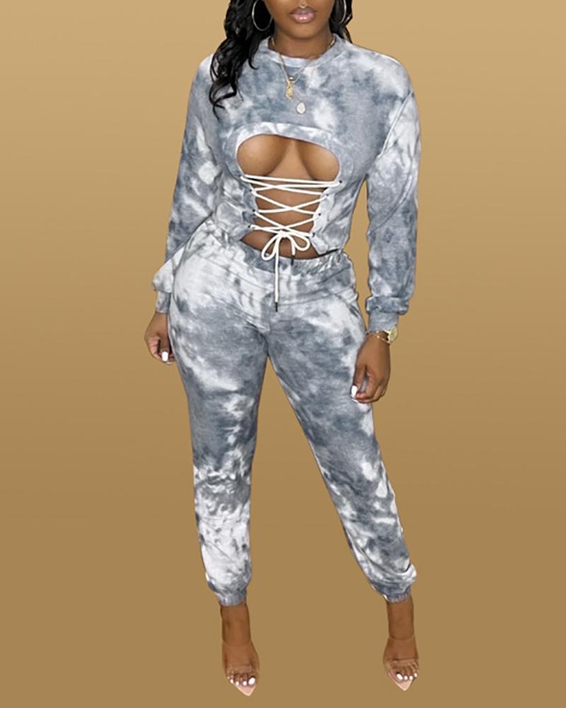 

Tie Dye Print Lace-up Cutout Top & Pants Set, Gray