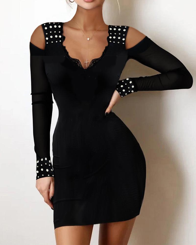

Beaded Decor Cold Shoulder Bodycon Dress, Black