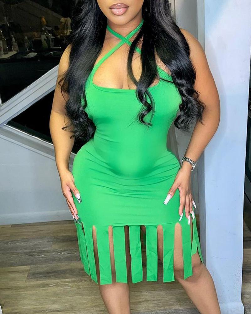 

Crisscross Halter Tassel Trim Bodycon Dress, Green