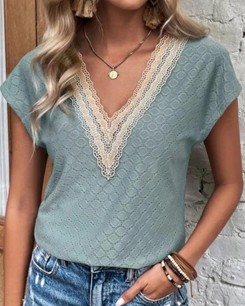 

Contrast Lace Textured Casual T-shirt, Blue