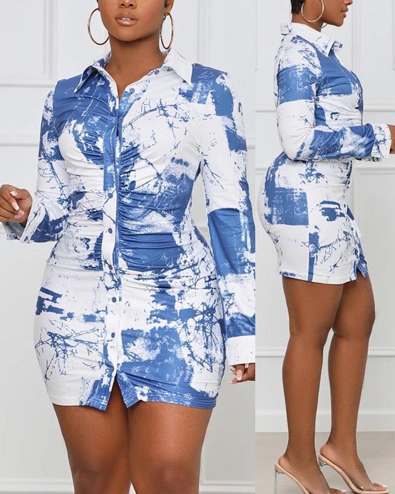 

Ink Splash Print Button Front Shirt Dress, Blue