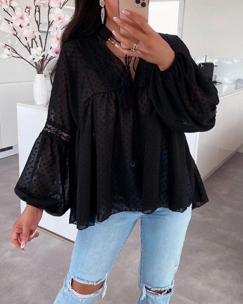 

Lantern Sleeve Lace Patch Swiss Dot Flowy Chiffon Top, Black
