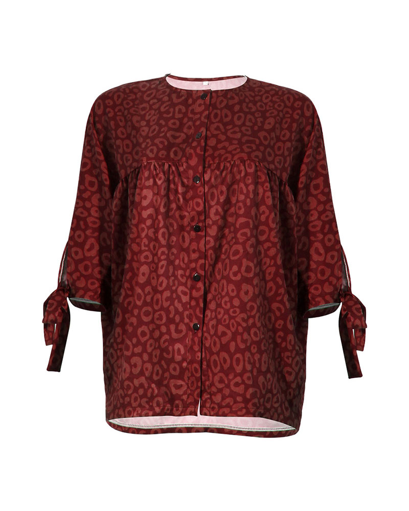 

Leopard Print Knot Cuff Button Down Top, Wine red