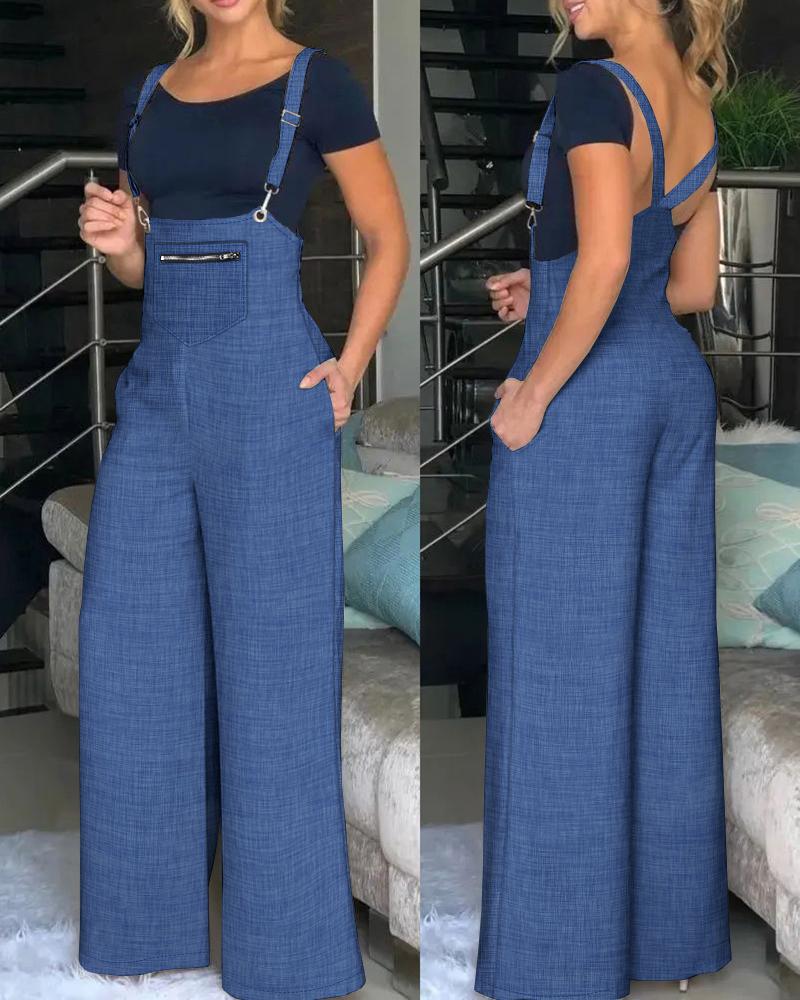 

Pocket Design Wide Leg Suspender Jumpsuit, Blue