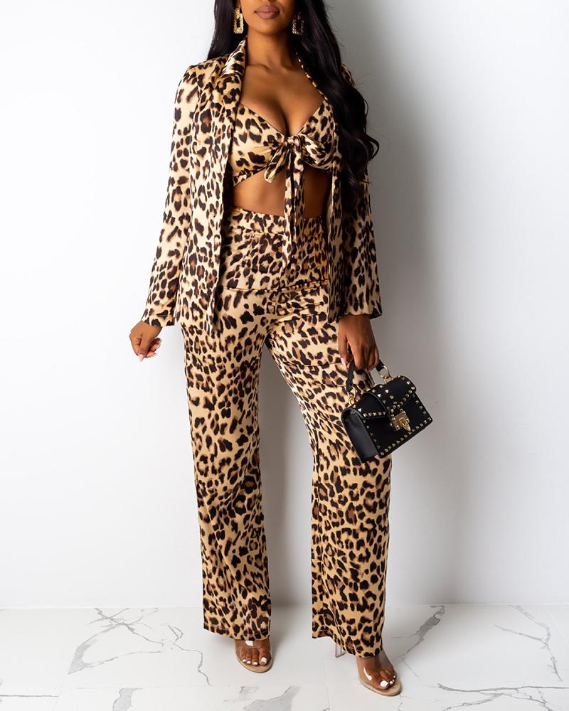 

Cheetah Print Tie Front Crop Top & Long Sleeve Coat & Wide Leg Pants Set, Leopard