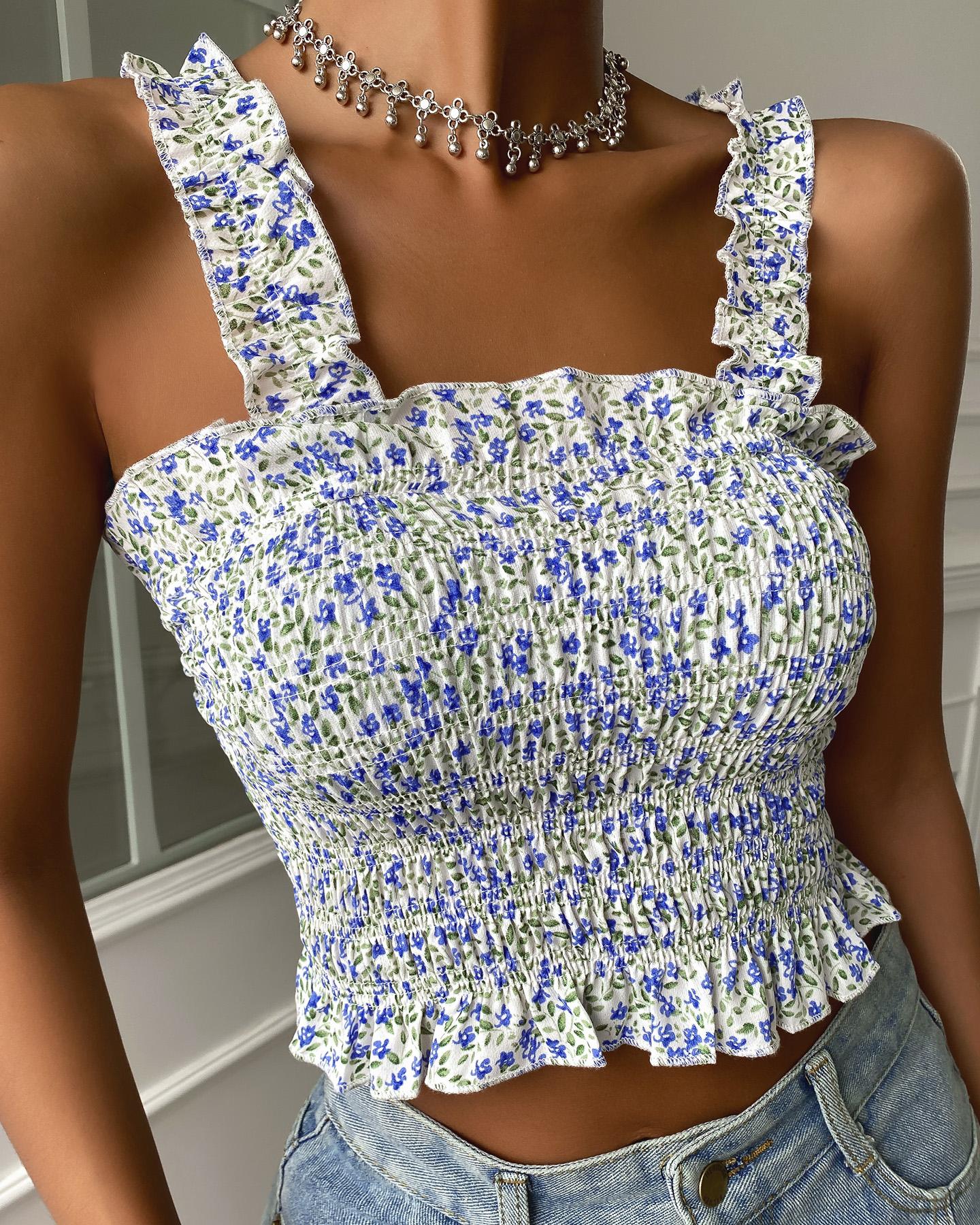 

Ditsy Floral Print Shirring Detail Frill Hem Crop Top, Purple