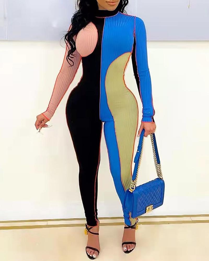

Colorblock Contrast Binding Long Sleeve Jumpsuit, Blue