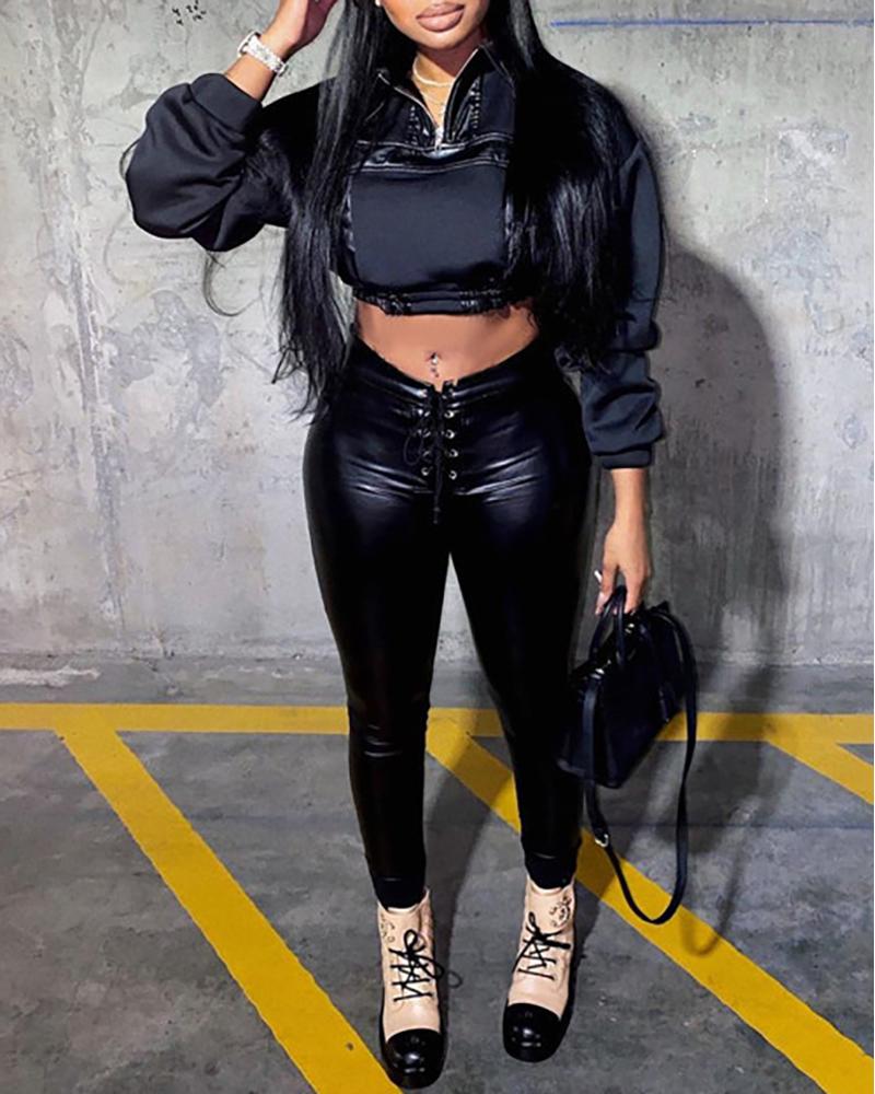 

PU Leather Patch Drawstring Top & Pocket Design Pants Set, Black
