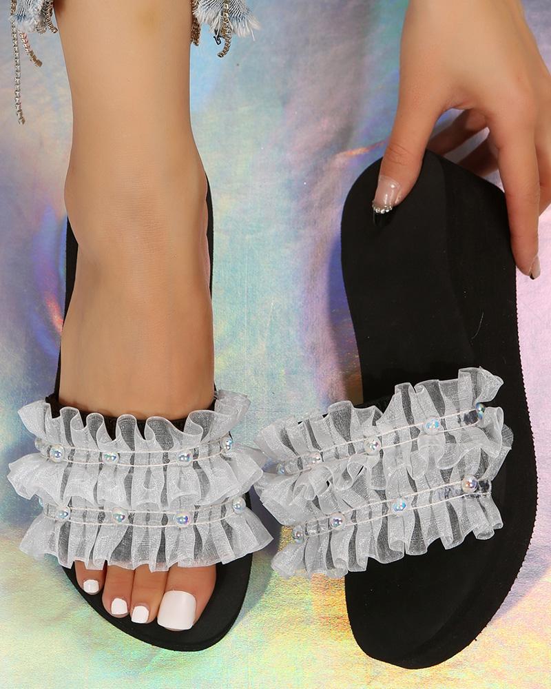 

Ruched Strap Pearls Decor Wedge Slippers, White