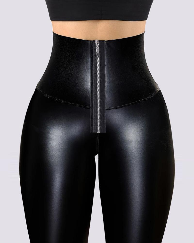 

High Waist Tummy Control Butt Lift PU Leather Leggings, Black