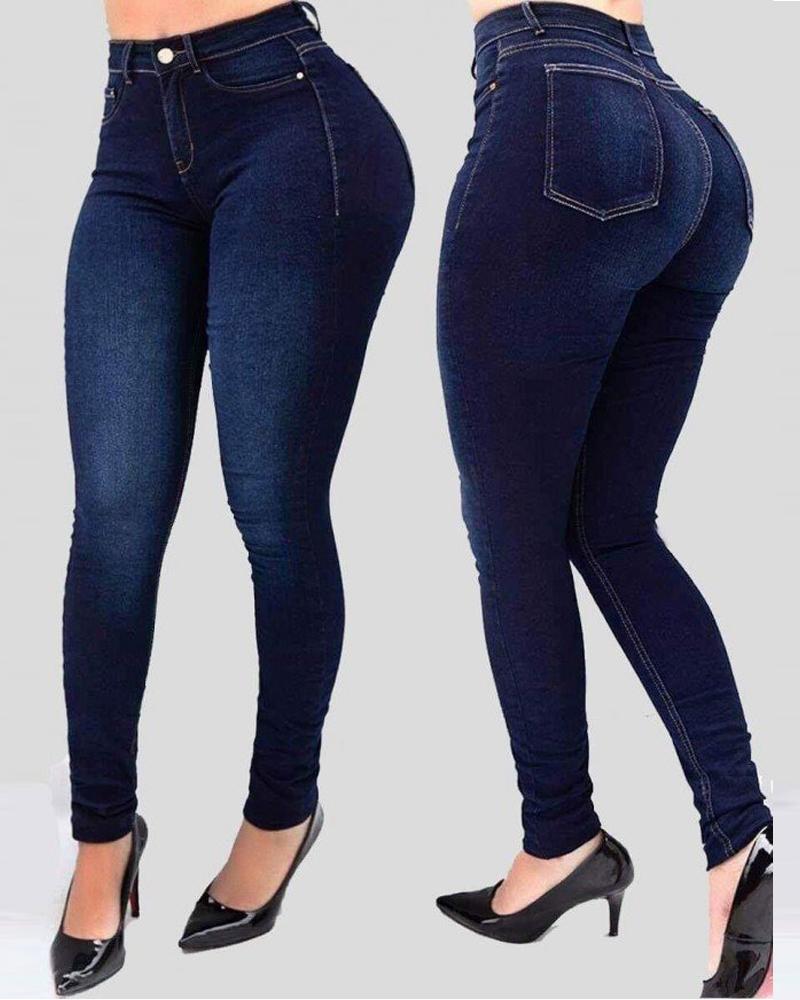 

High Waist Zipper Fly Skinny Jeans, Dark blue