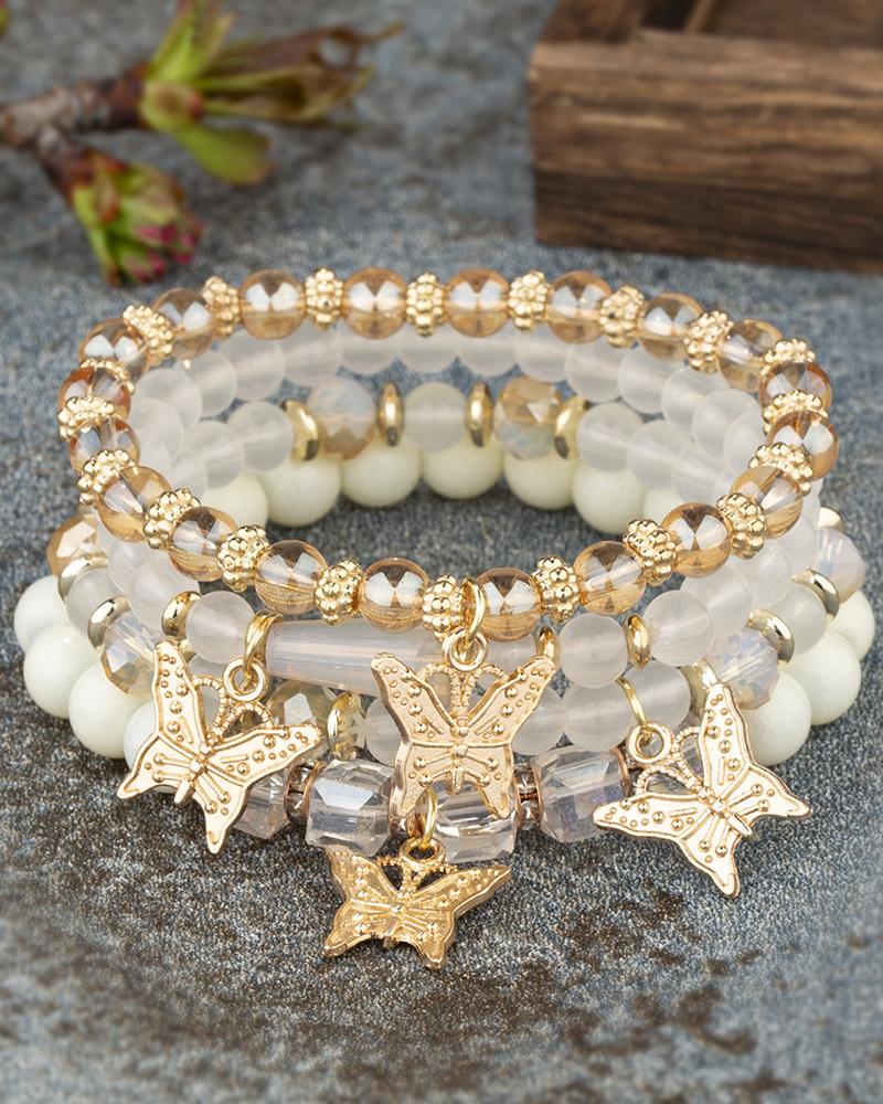 

1pc Crystal Stone Beaded Butterfly Multi-Layer Bracelet, Beige