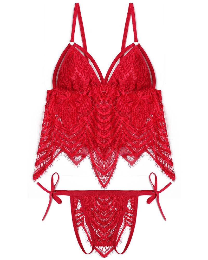 

Eyelash Lace Bowknot Decor Lingerie Set, Red