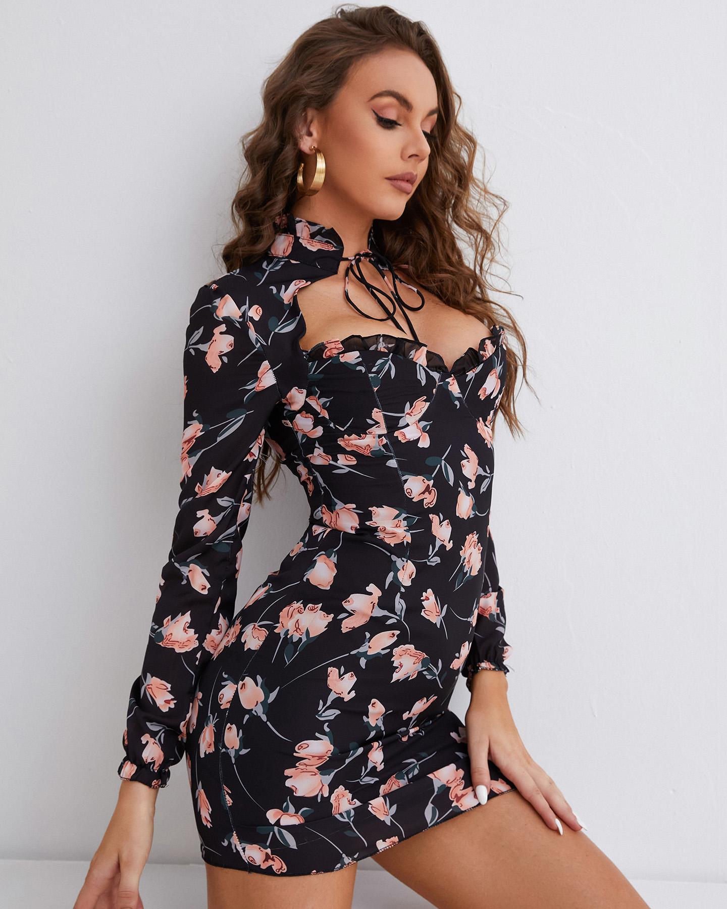 

Tied Neck Floral Print Frill Hem Dress, Black