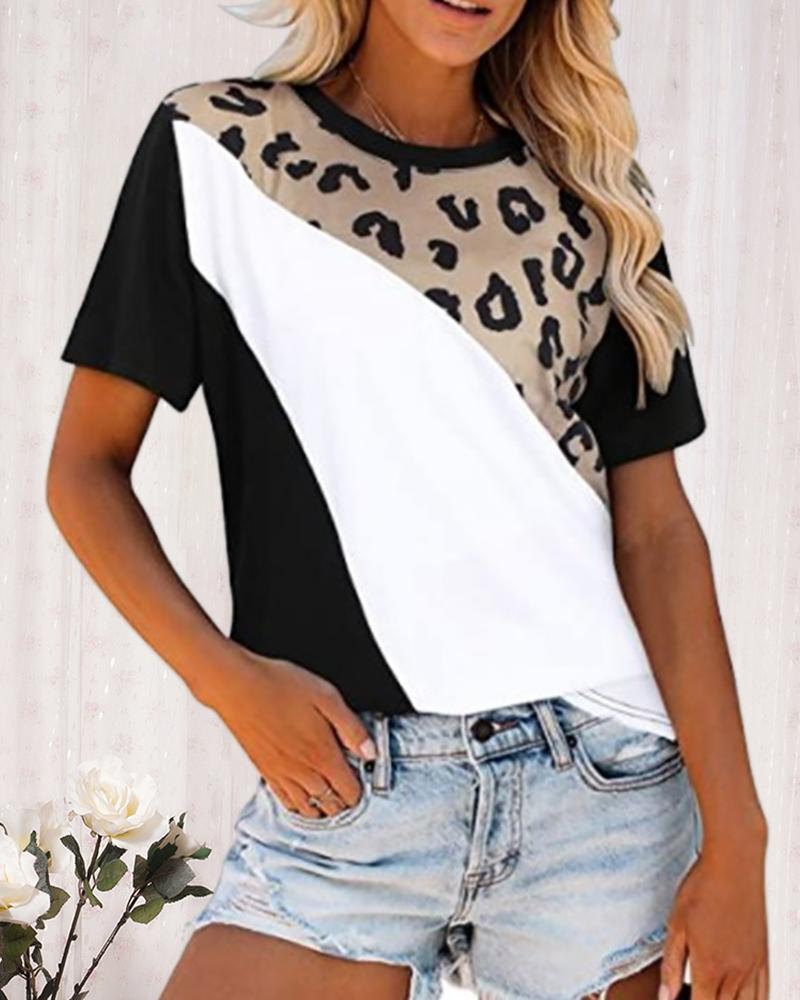 

Leopard Print Colorblock Short Sleeve T-Shirt