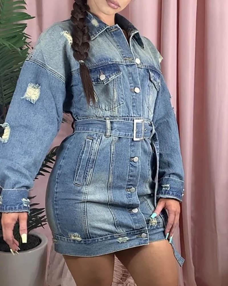 

Pocket Design Ripped Buttoned Denim Jacket, Blue