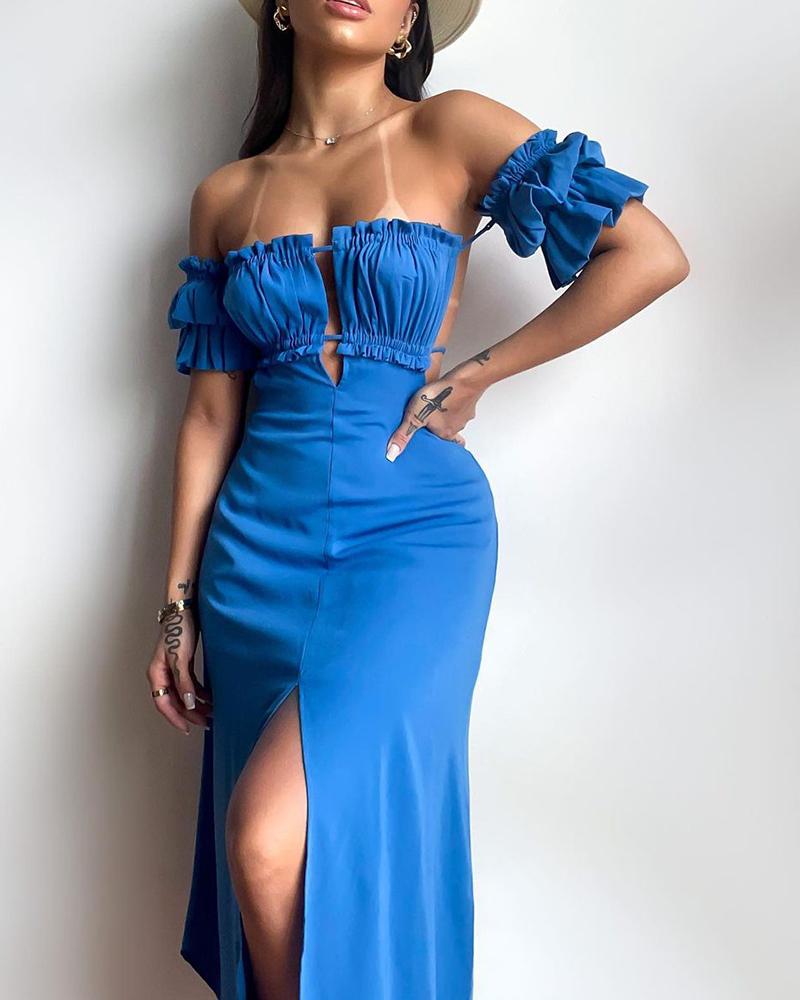 

Off Shoulder Frill Hem Tied Detail Slit Dress, Blue