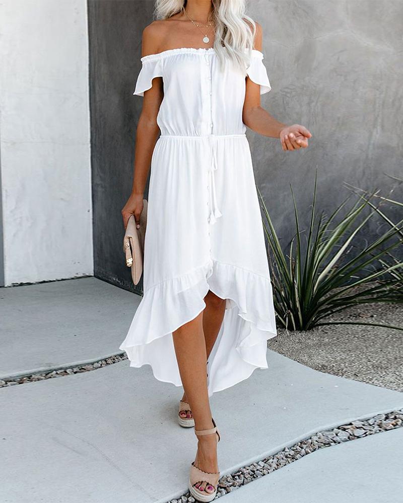 

Off Shoulder Ruffle Asymmetric Dress, White