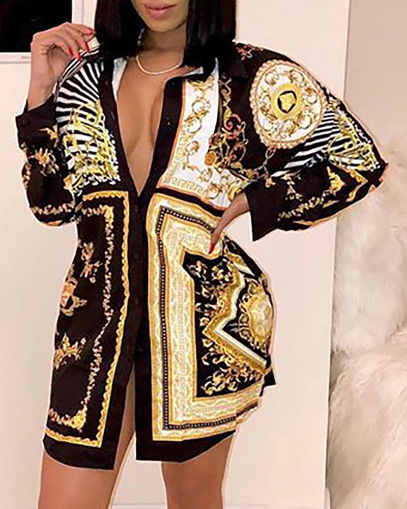 

Baroque Print Long Sleeve Shirt Dress, Gold
