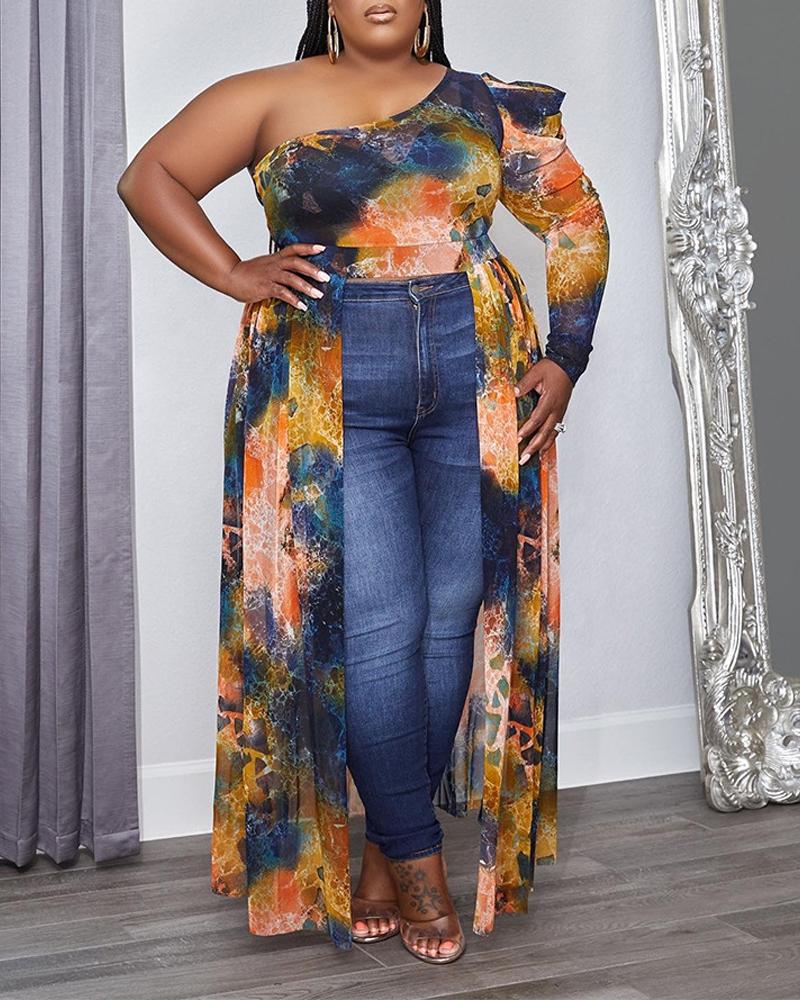 

Plus Size Tie Dye Print One Shoulder Longline Top, Multicolor