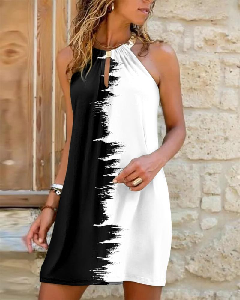 

Colorblock Metal Halter Sleeveless Casual Dress, Blackwhite