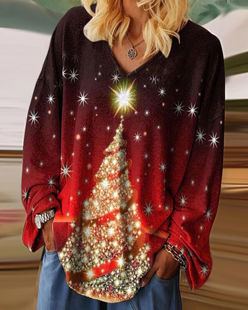 

Plus Size Christmas Tree Print Long Sleeve Casual Top, Red