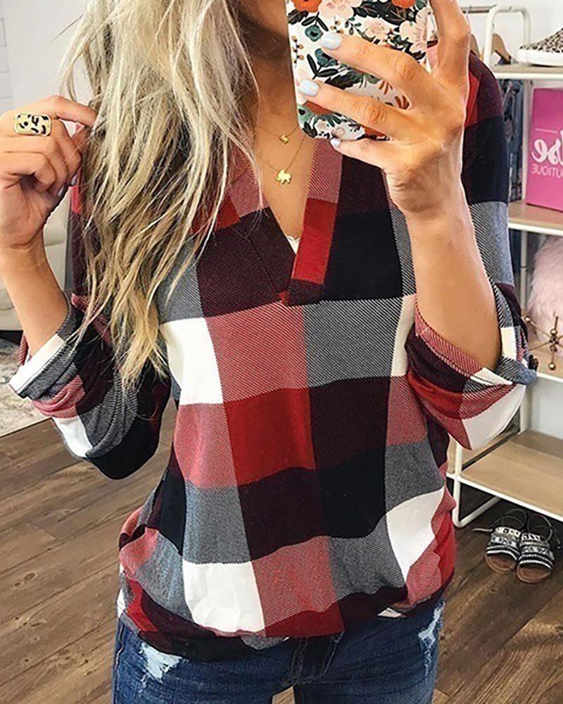 

Grid Print V-Neck Casual Blouse, Red
