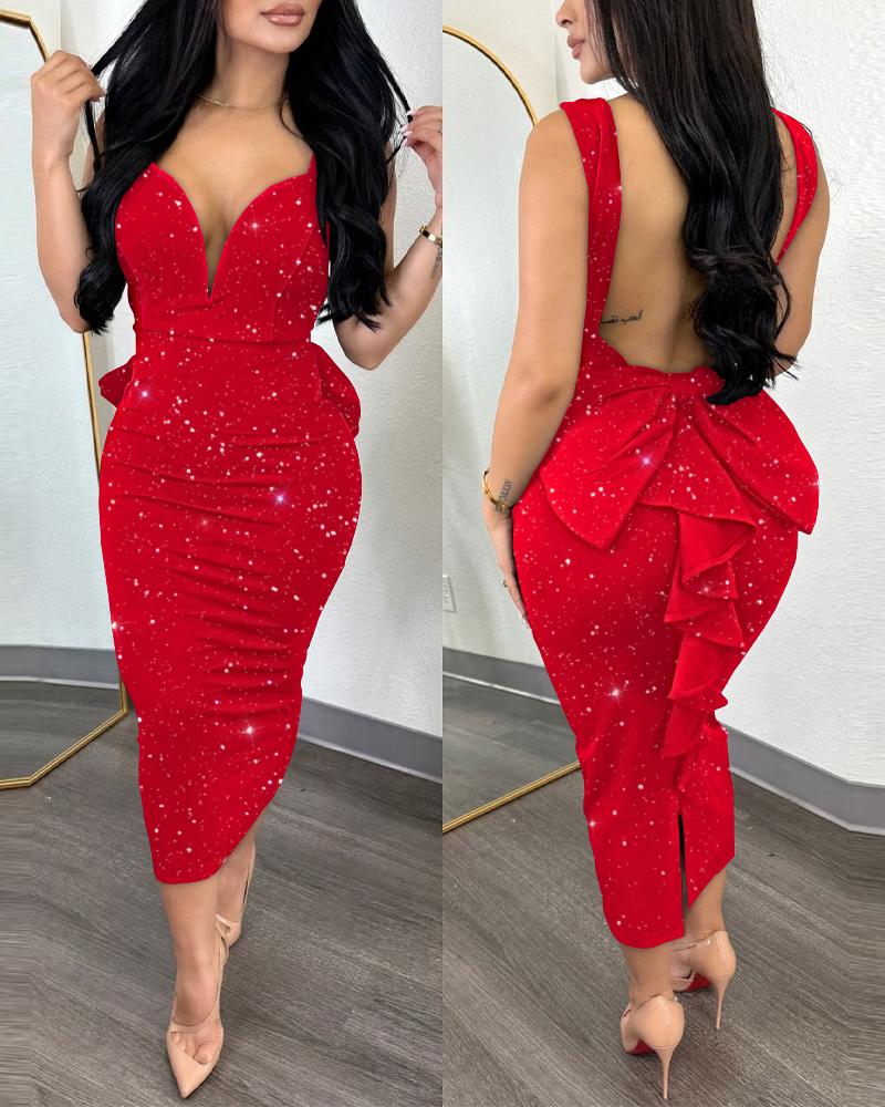 

Glitter Ruffle Hem Backless Party Dress, Red