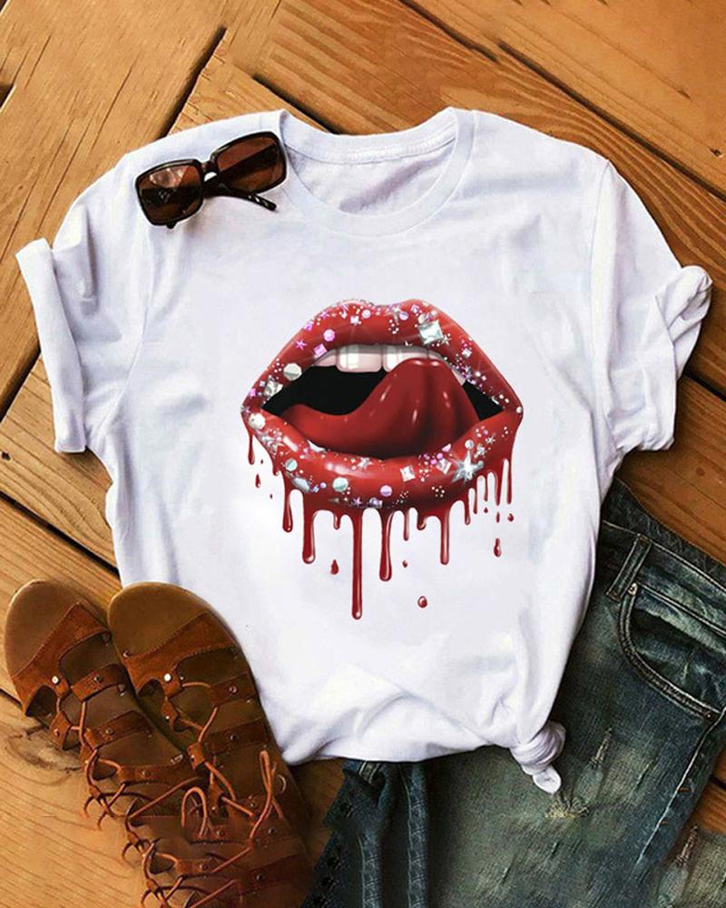 

Lip Print Short Sleeve Casual T-shirt, White