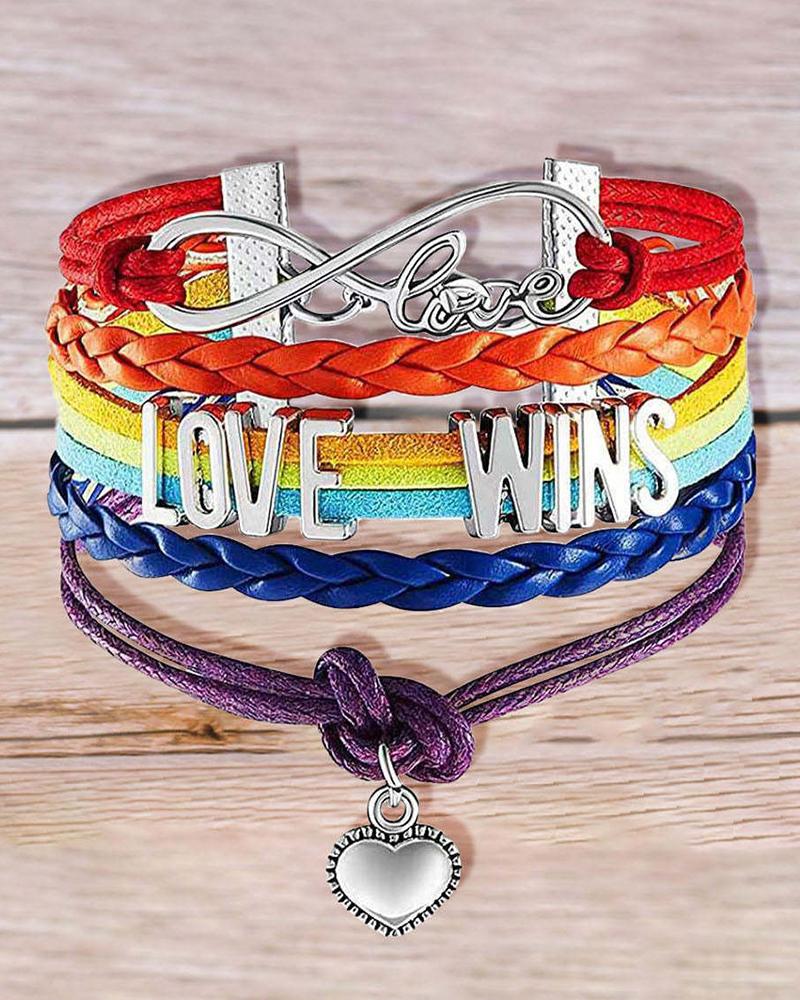 

1pc Rainbow Stripe Love Wings Braided Multi-layer Leather Bracelet, Multicolor