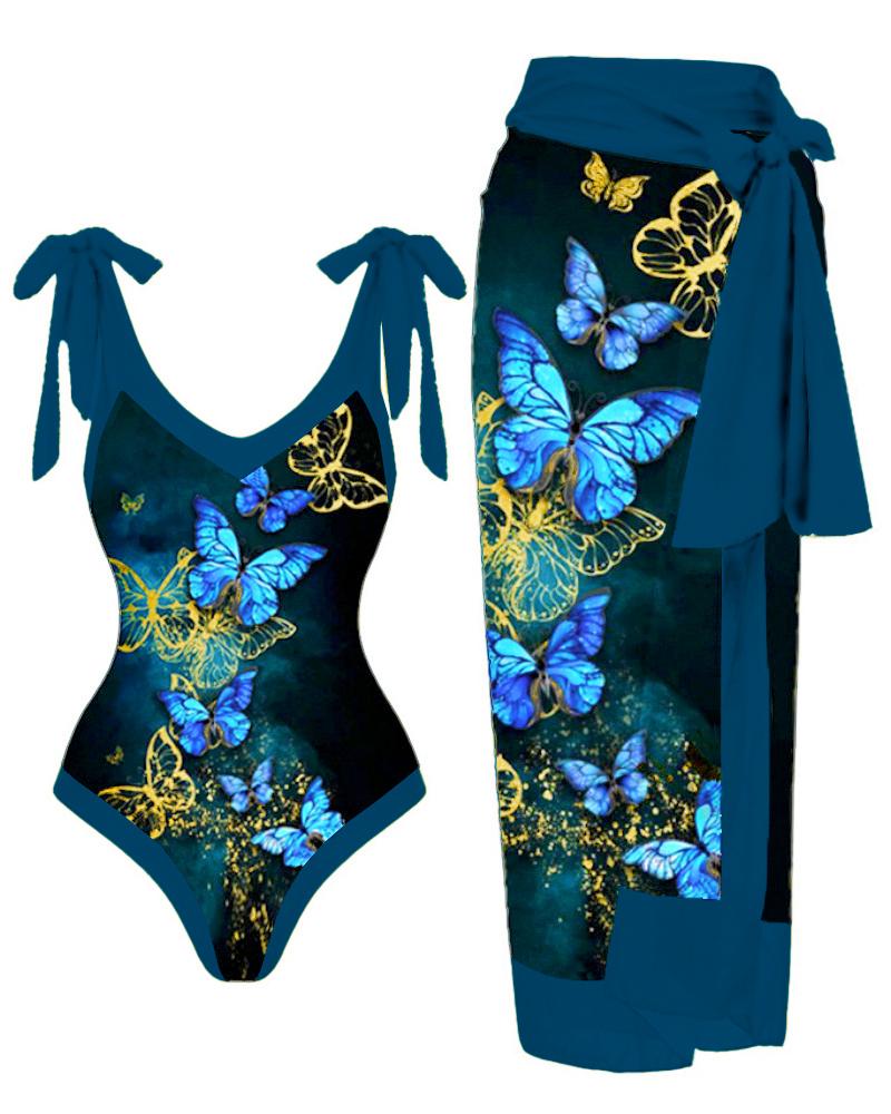 

Butterfly Print One Piece Swimsuit With Cover Up, Blue