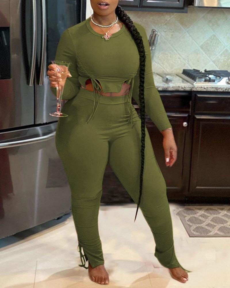 

Ribbed Drawstring Ruched Long Sleeve Crop Top & Split Hem Pants Set, Army green