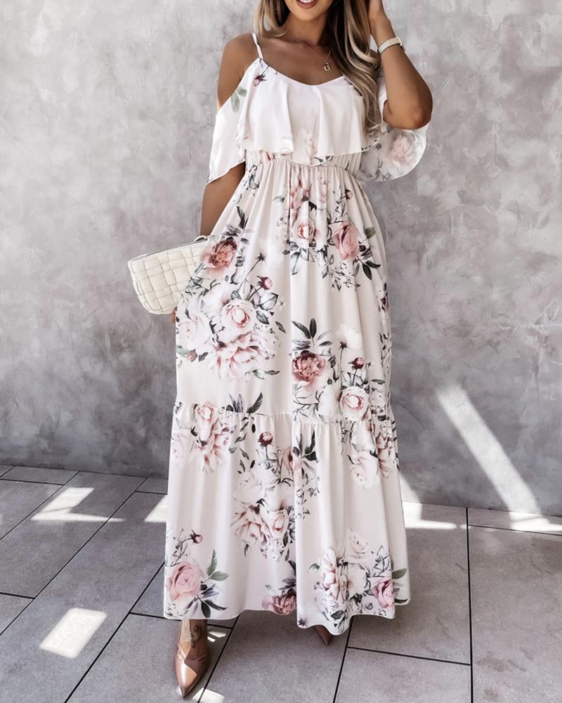 

Cold Shoulder Floral Print Ruffles Maxi Dress, Apricot