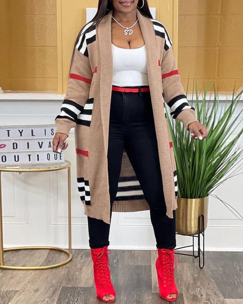 

Striped Open Front Longline Knit Cardigan, Khaki