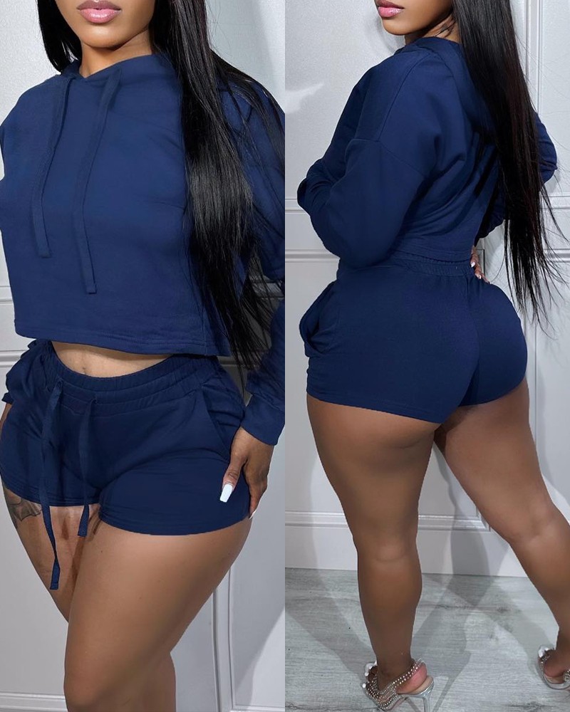 Drawstring Long Sleeve Hoodie & Shorts Set