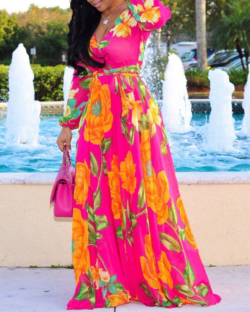 

Plus Size Tropical Print Deep V Belted Warp Maxi Dress, Red